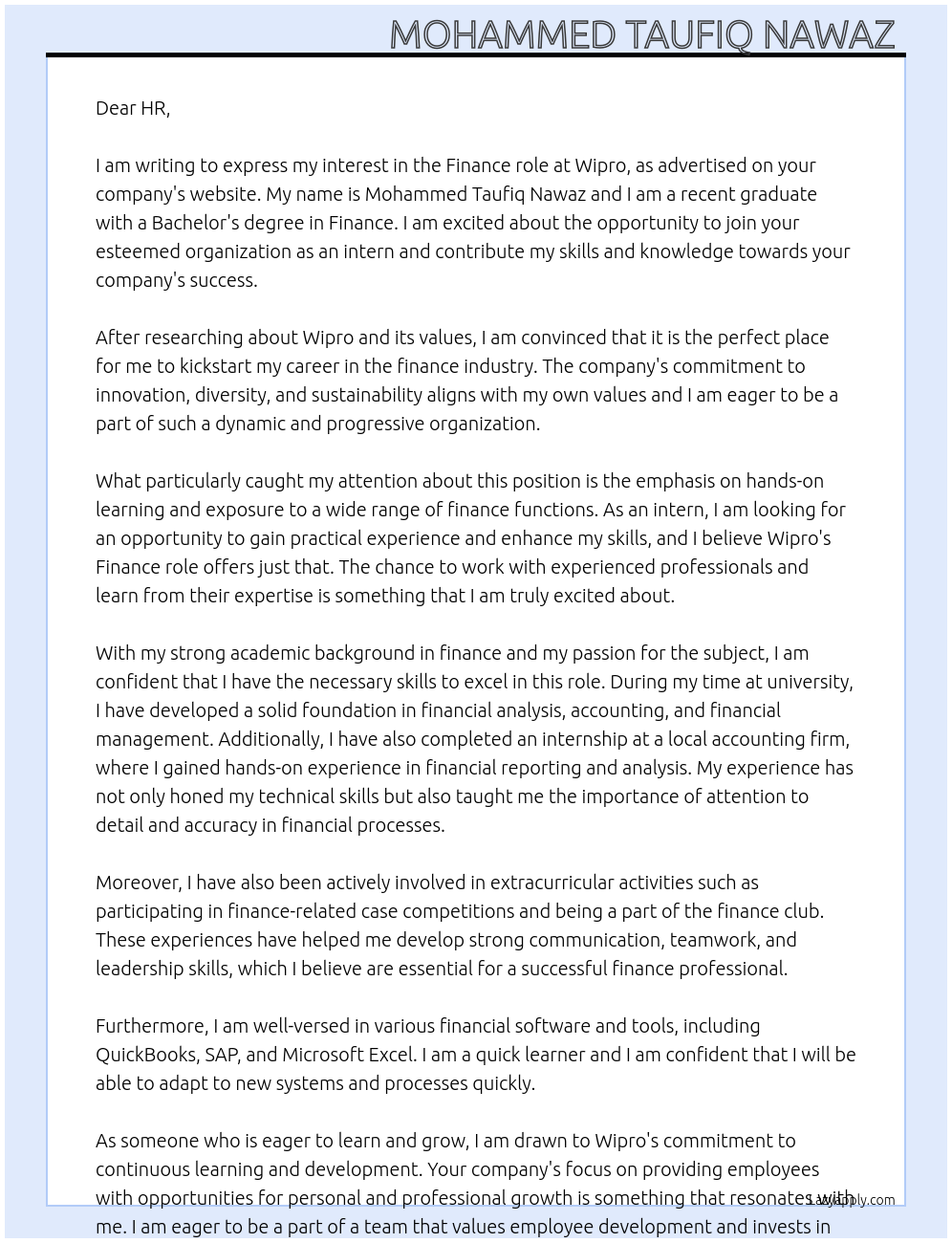 Finance role At Wipro Cover Letter