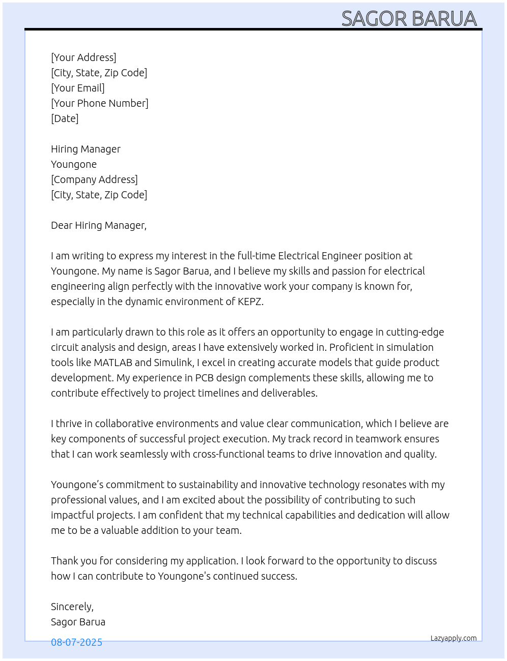 Electrical Engineer At Youngone Cover Letter