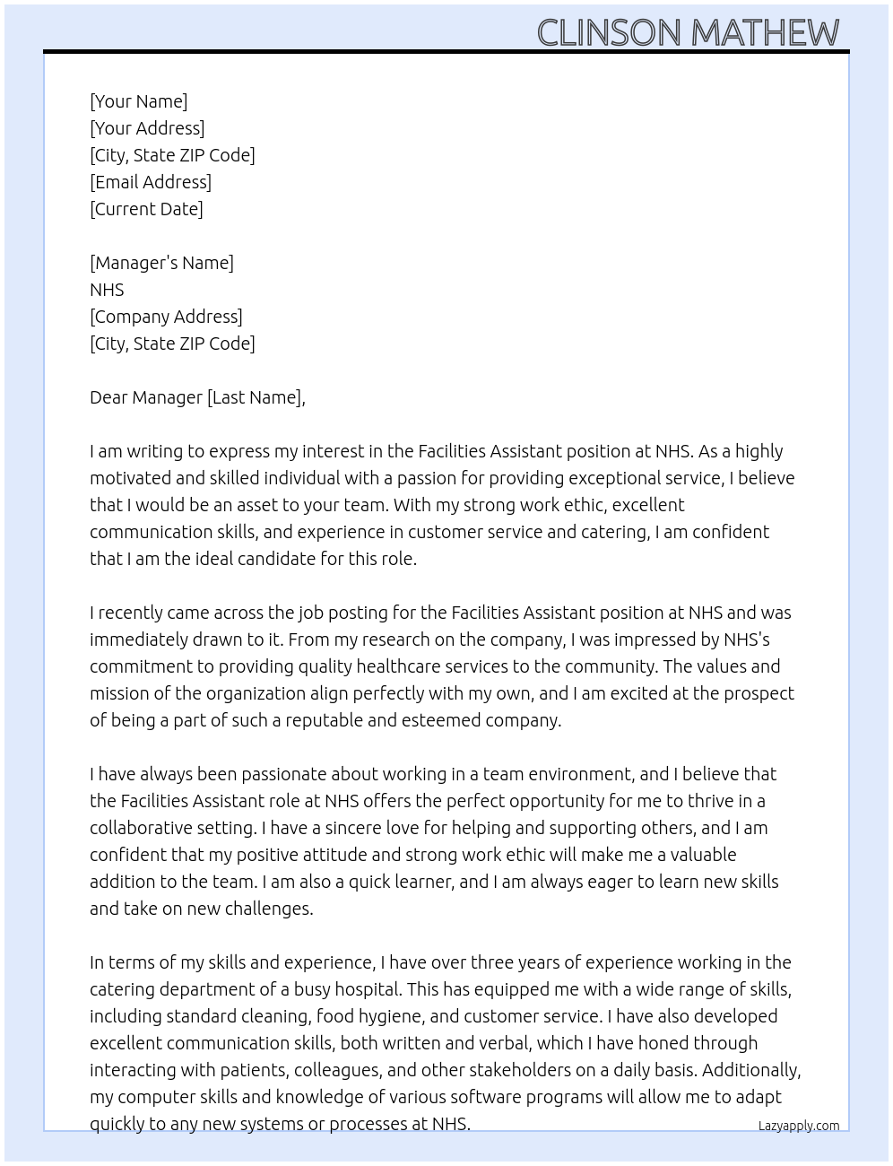 Facilities assistant At NHS Cover Letter