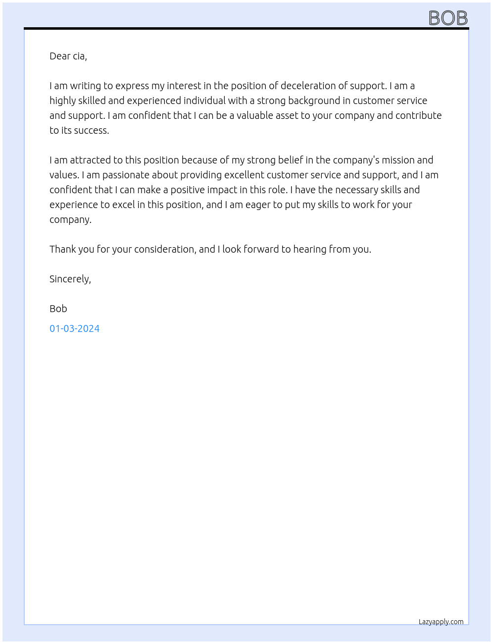 deceleration of support At cia Cover Letter