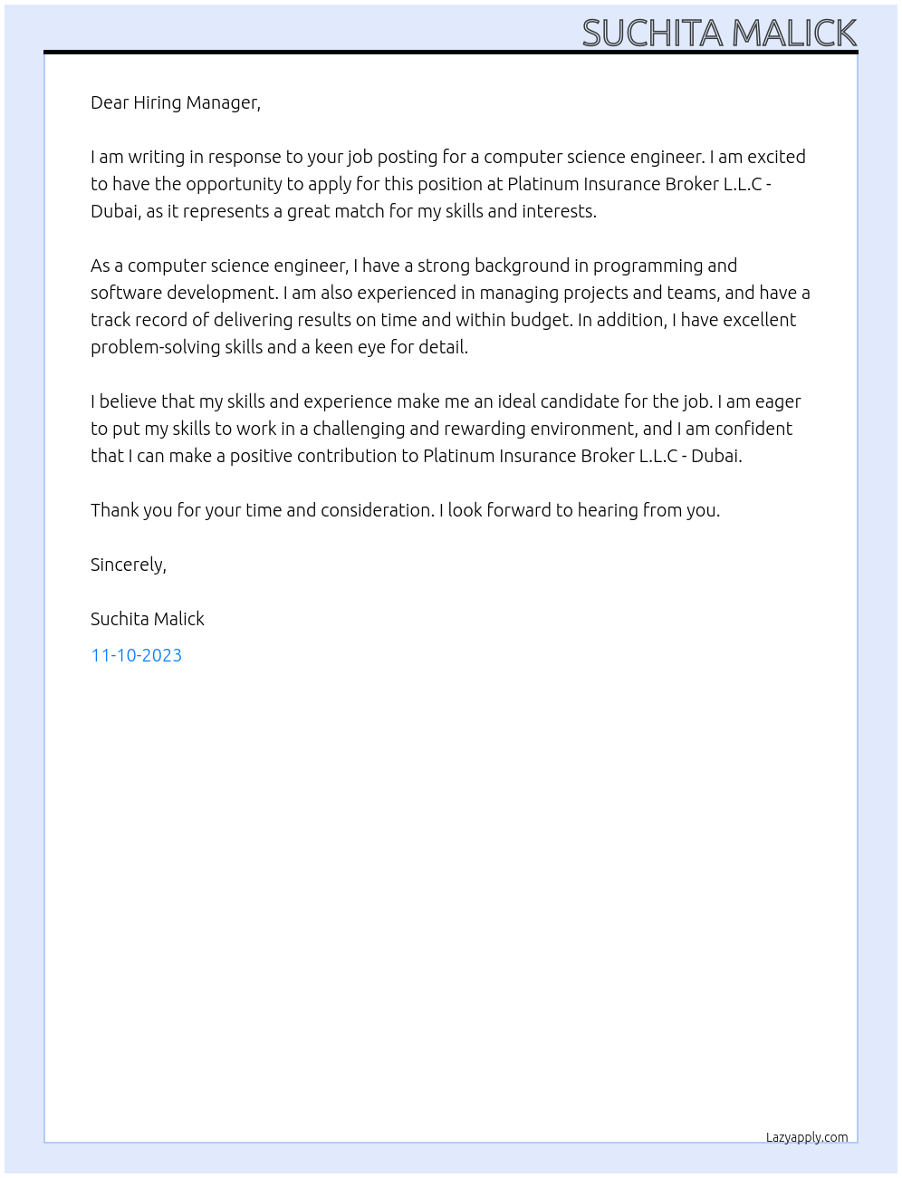 Computer Science Engineer At Platinum Insurance Broker L.L.C - Dubai Cover Letter