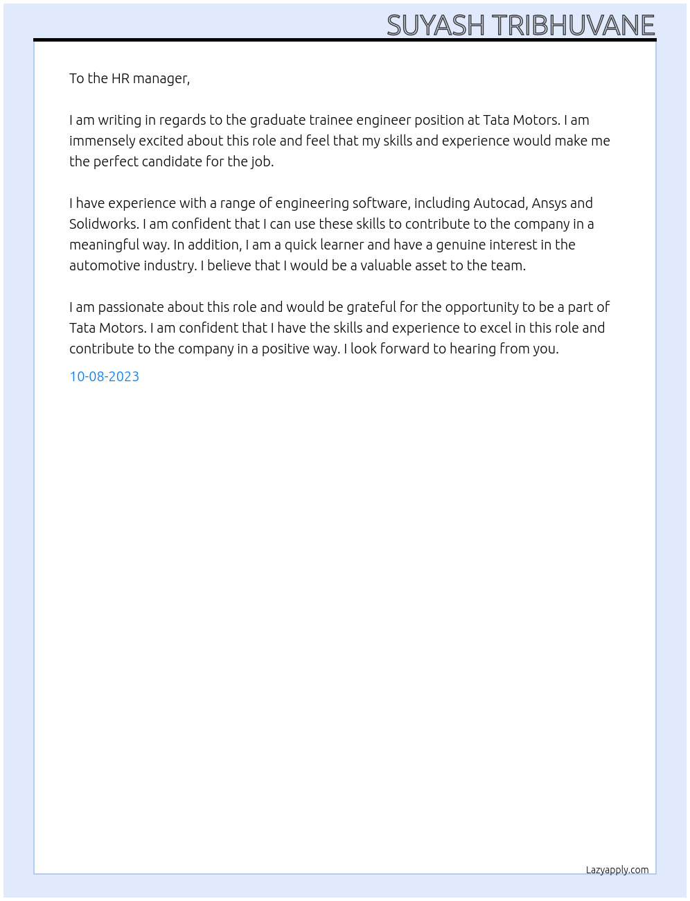 GRADUATE TRAINEE ENGINEER At Tata Motors Cover Letter