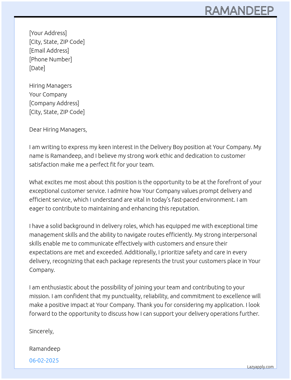 Delivery boy At Your company Cover Letter