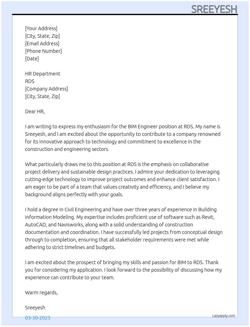 Cover letter for bim engineer - LazyApply
