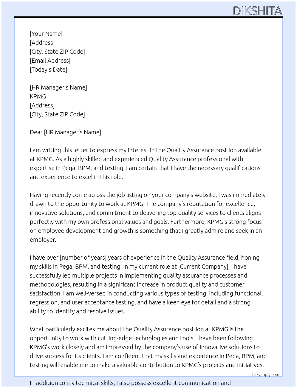 Quality Assurance At KPMG Cover Letter