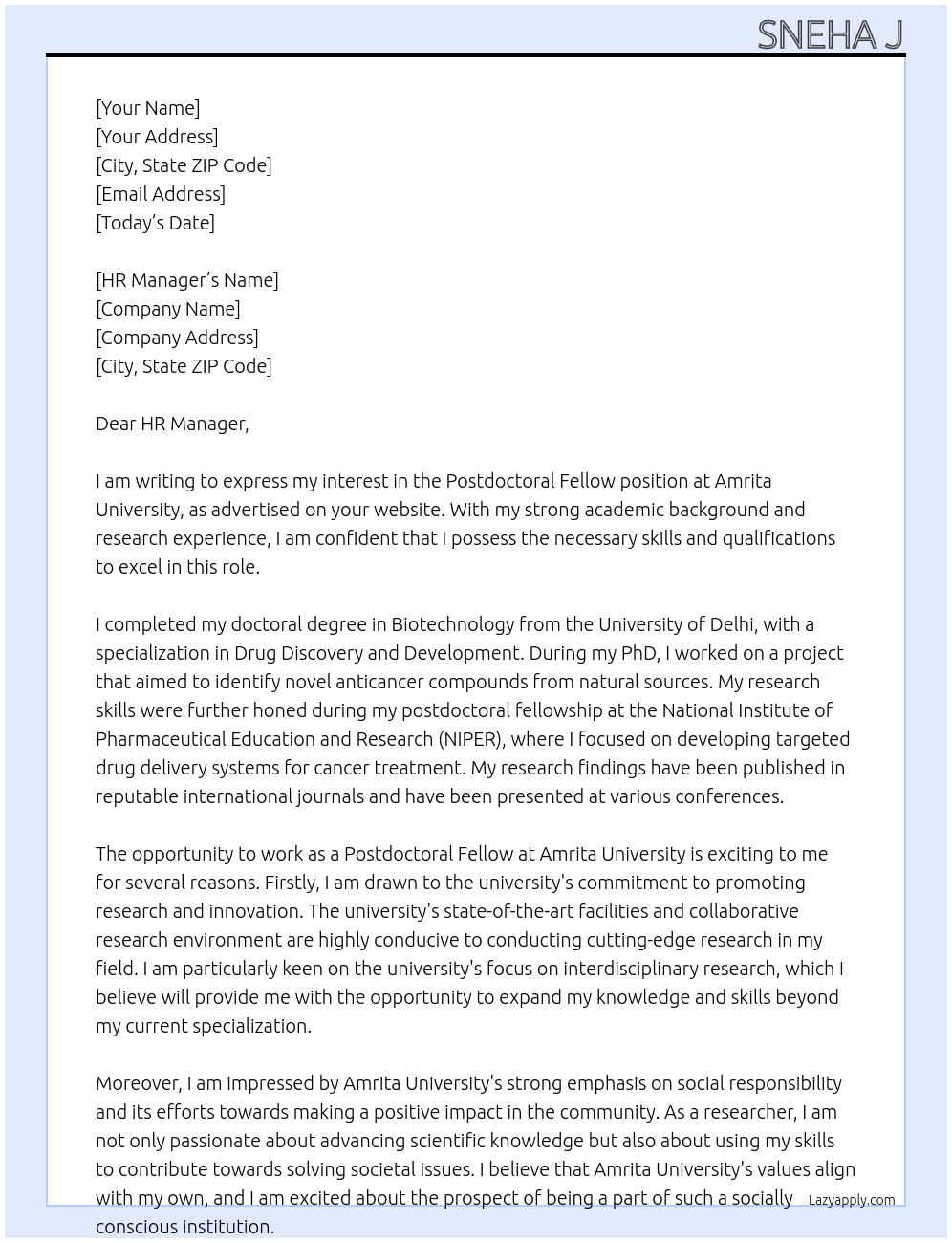 Postdoctoral fellow At Amrita University Cover Letter