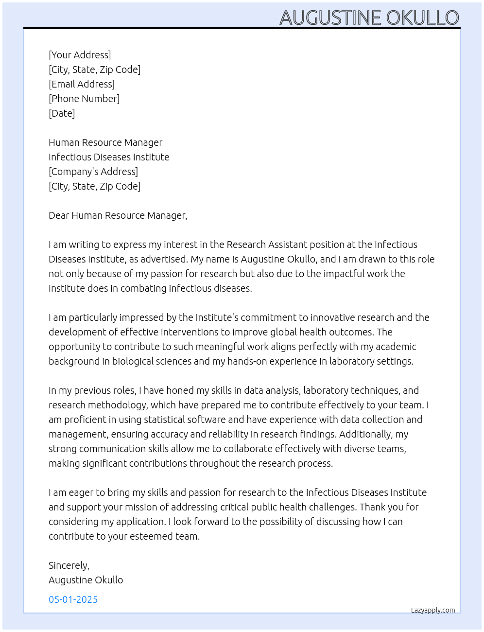 Research Assistant At Infectious Diseases Institute Cover Letter