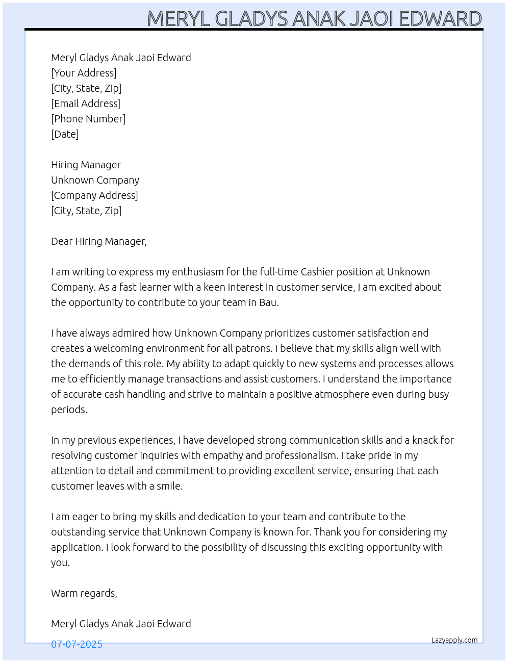 Cashier At Unknown company Cover Letter