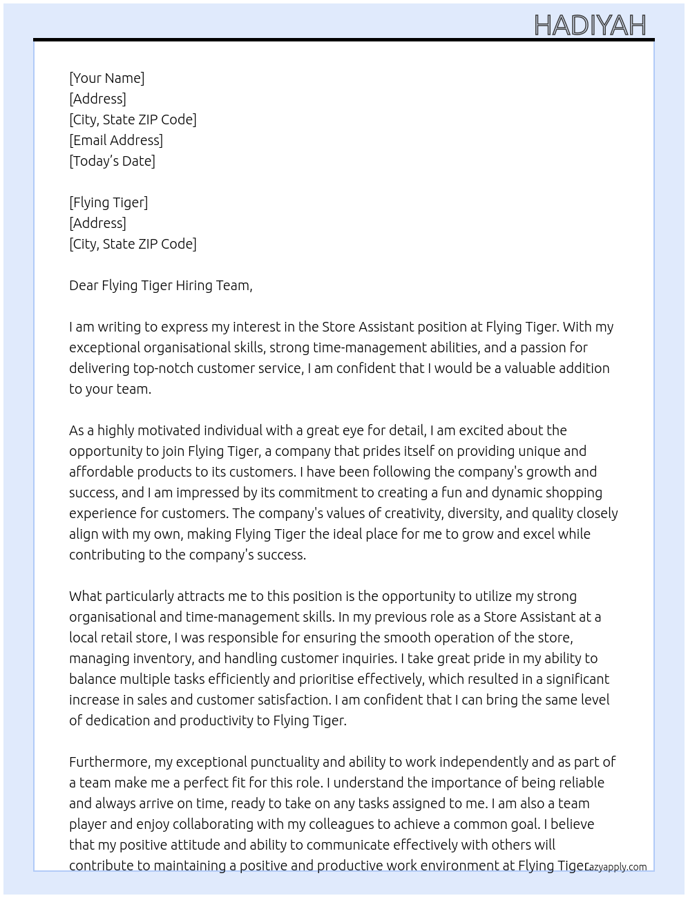 Store assistant  At Flying tiger  Cover Letter