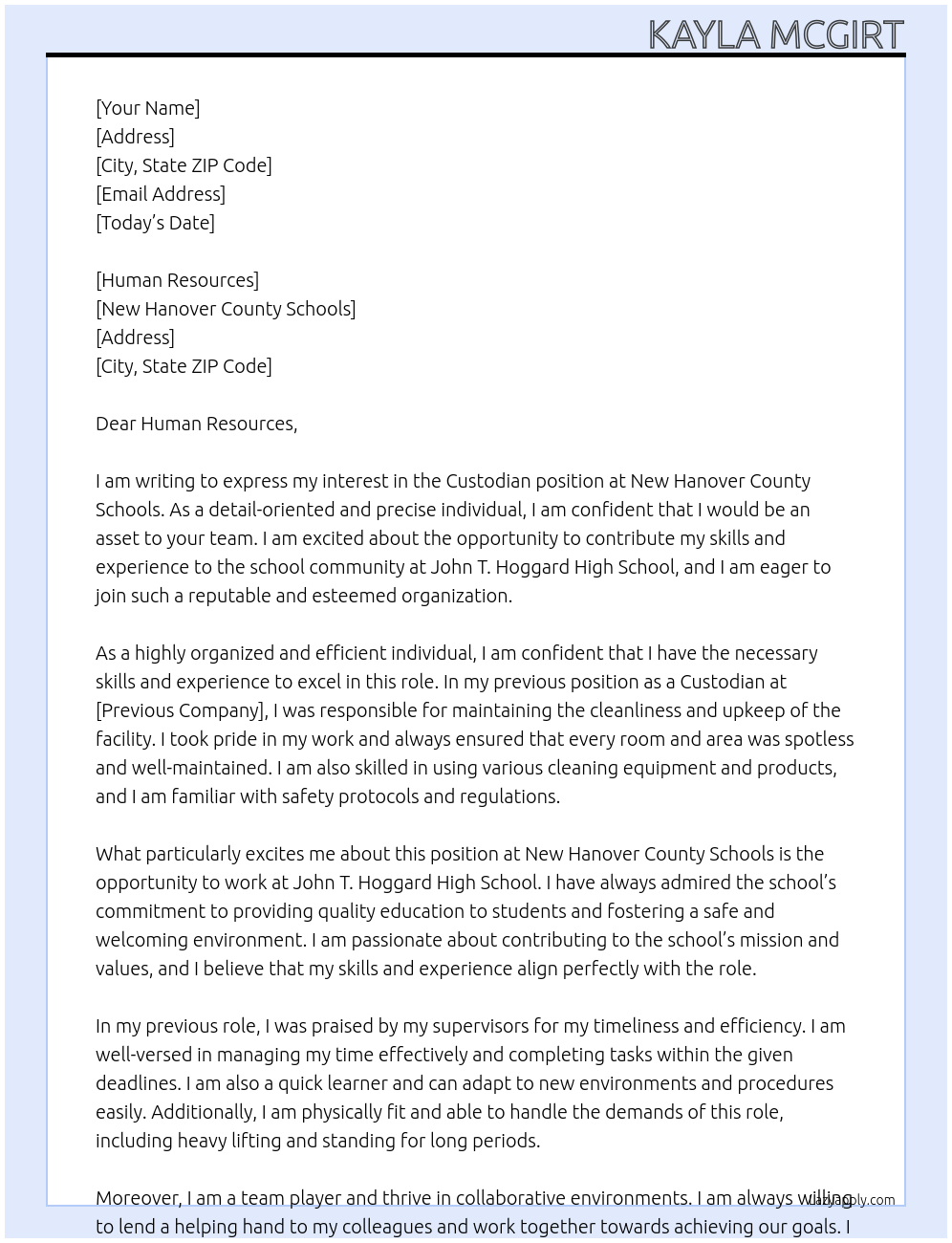 Custodian At New Hanover County Achools Cover Letter