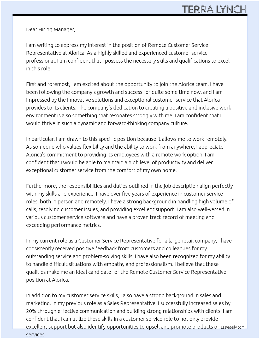 Remote Customer Service Representative At Alorica Cover Letter