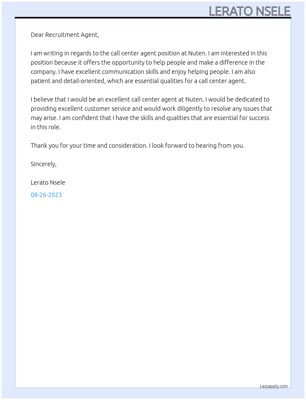 Call center agent At Nuten Cover Letter