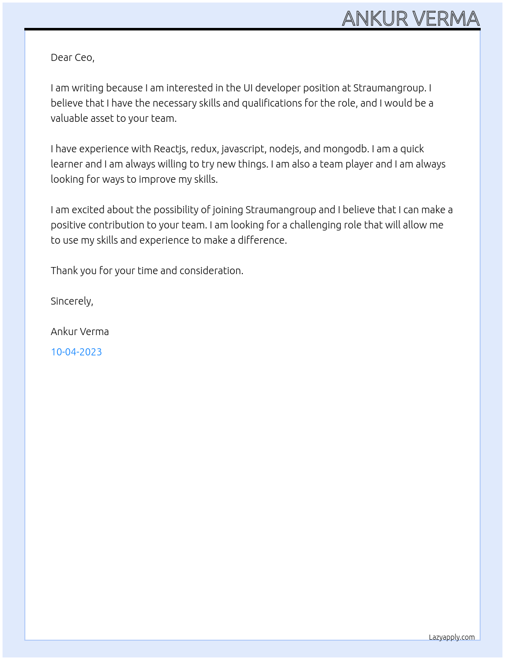 Ui developer At Straumangroup Cover Letter