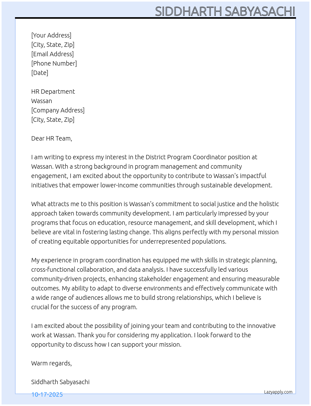 District program coordinator  At Wassan Cover Letter