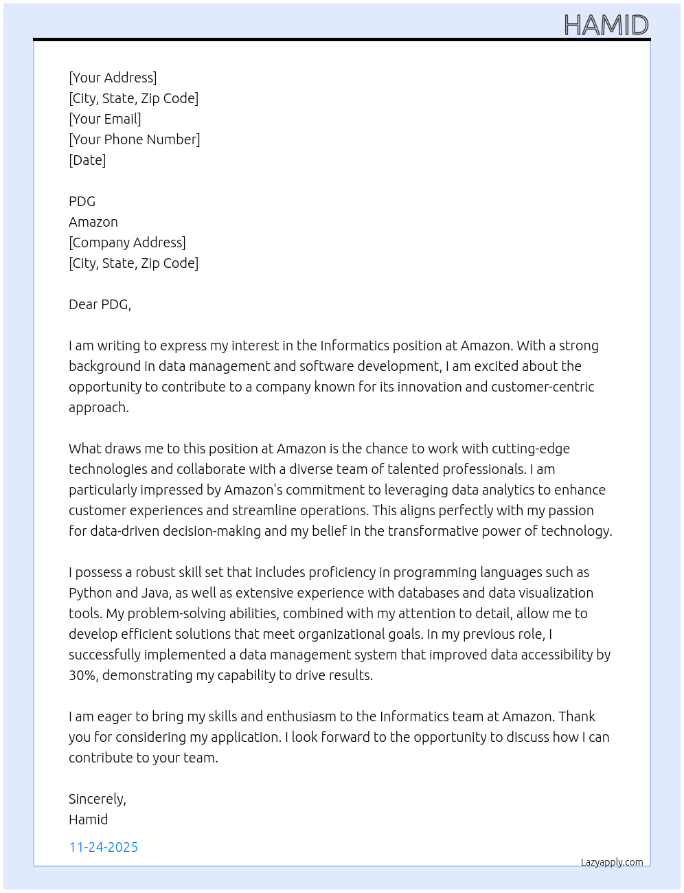 informaticien At amazon Cover Letter