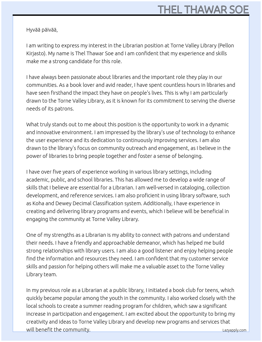 Librarian At Torne Valley Library (Pellon Kirjasto) Cover Letter