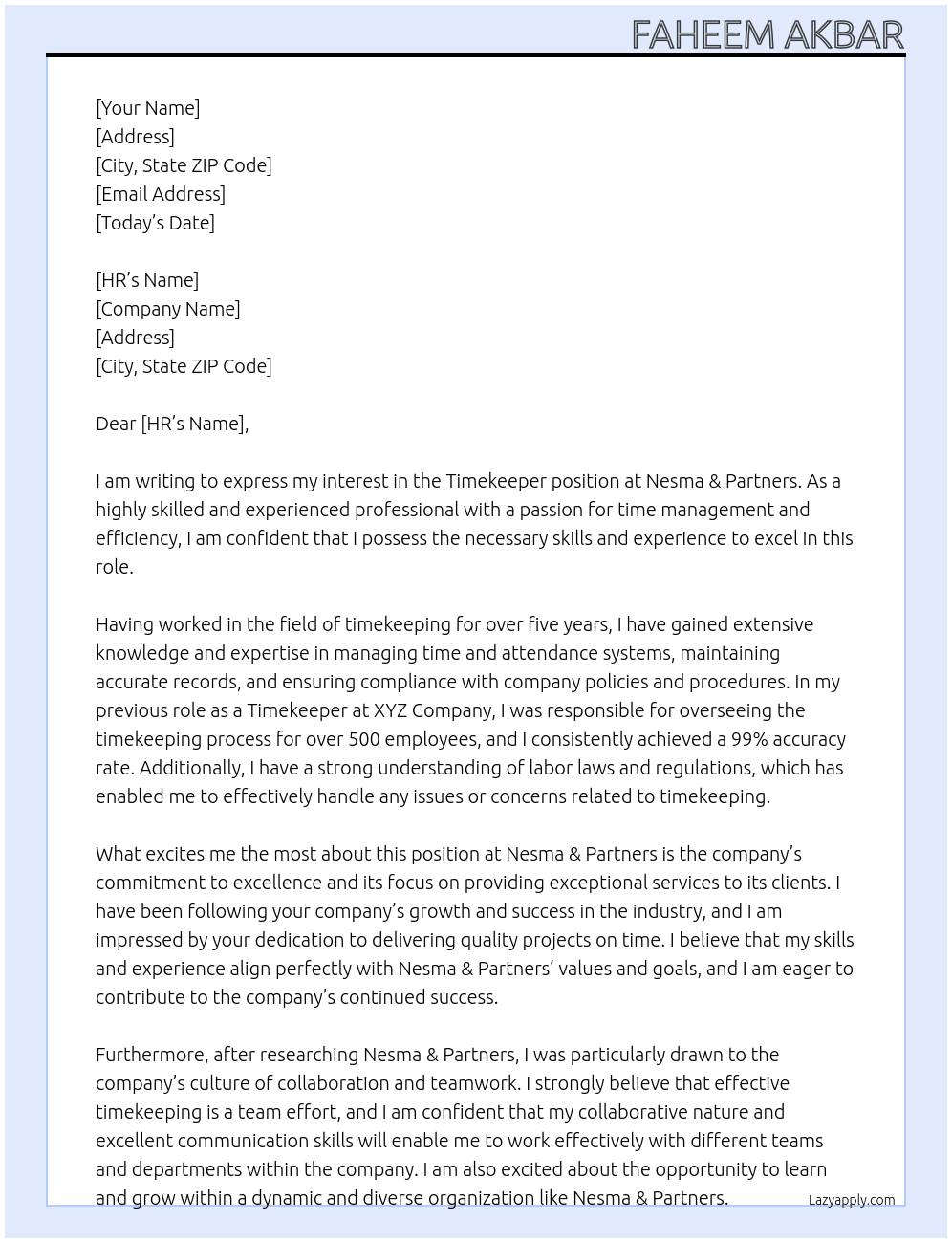 Timekeeper  At Nesma & Partners Cover Letter