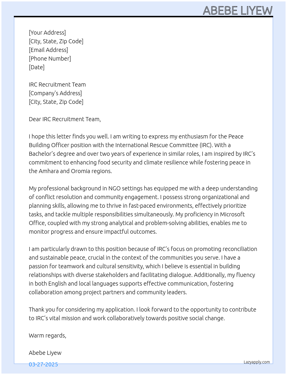 Peace Building Officer At IRC Cover Letter