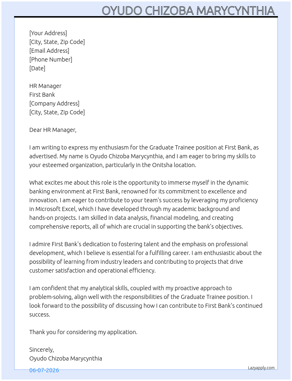 Graduate trainee  At First Bank  Cover Letter
