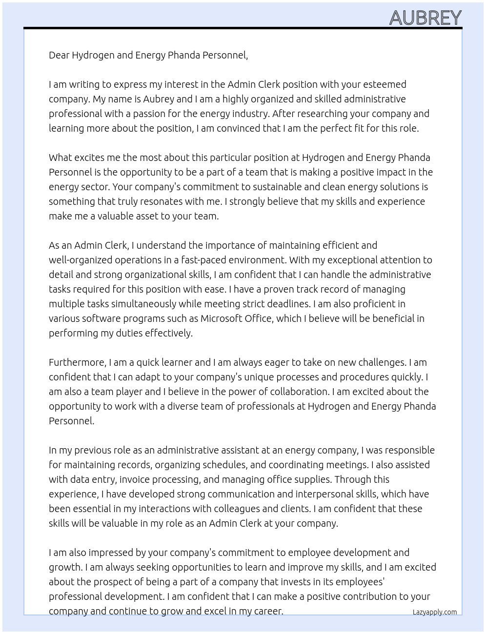 Admin clerk At HYDROGEN AND ENERGY PHANDA PERSONNEL Cover Letter