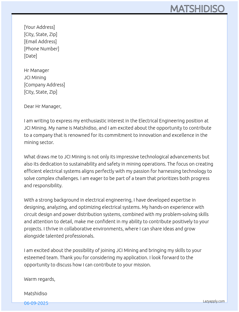 Electrical engineering At JCI Mining Cover Letter