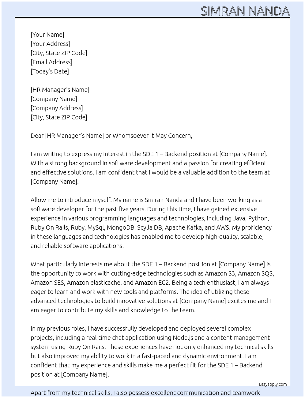 SDE 1 - Backend At Jar Cover Letter