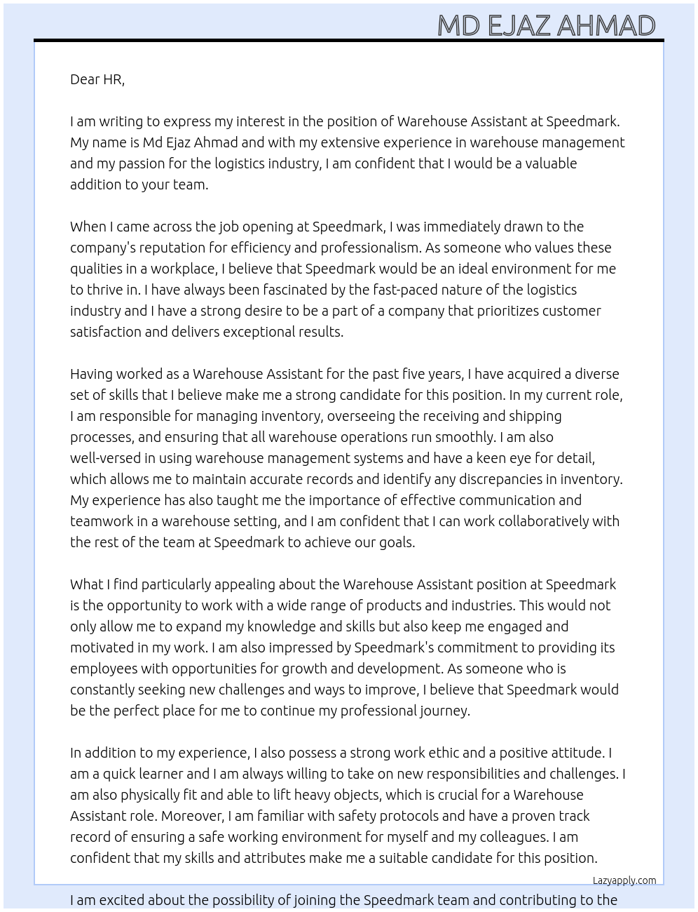 Warehouse assistant At Speedmark Cover Letter