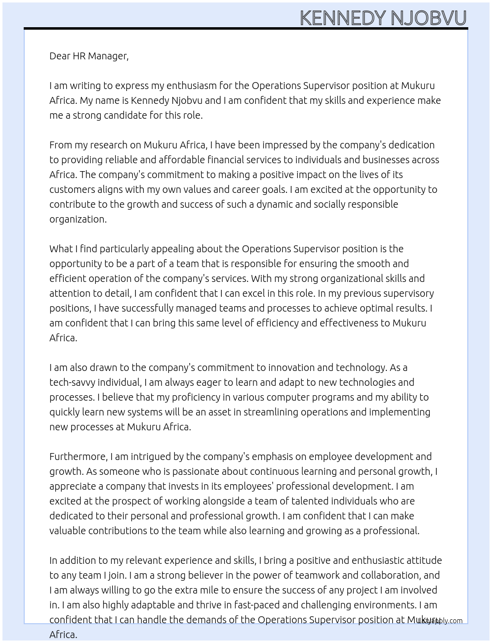 Operations Supervisor At Mukuru Africa Cover Letter