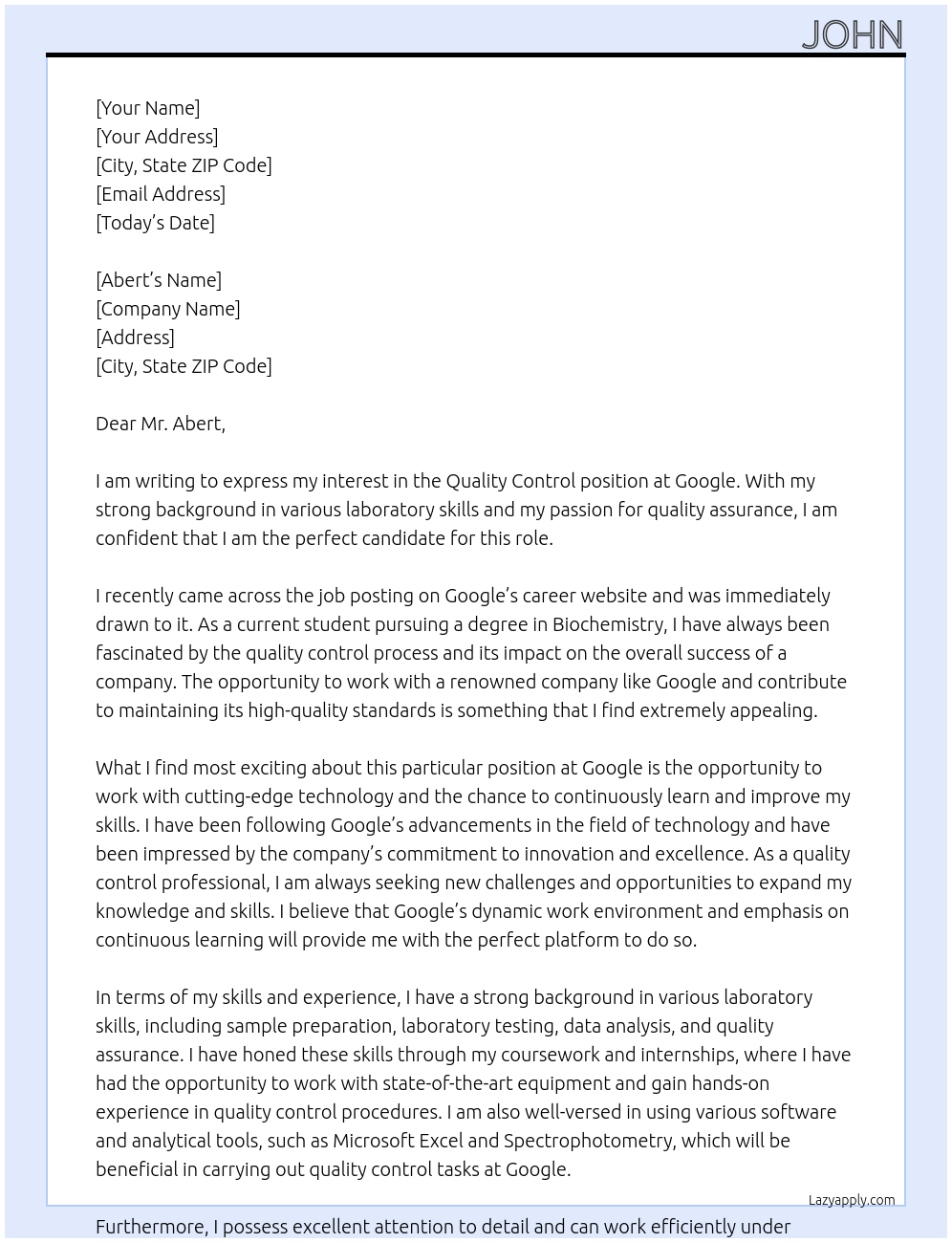 Quality control At Google Cover Letter