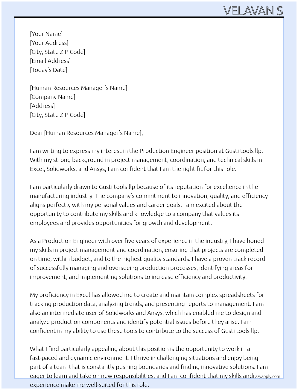 Production Engineer At Gusti tools llp Cover Letter