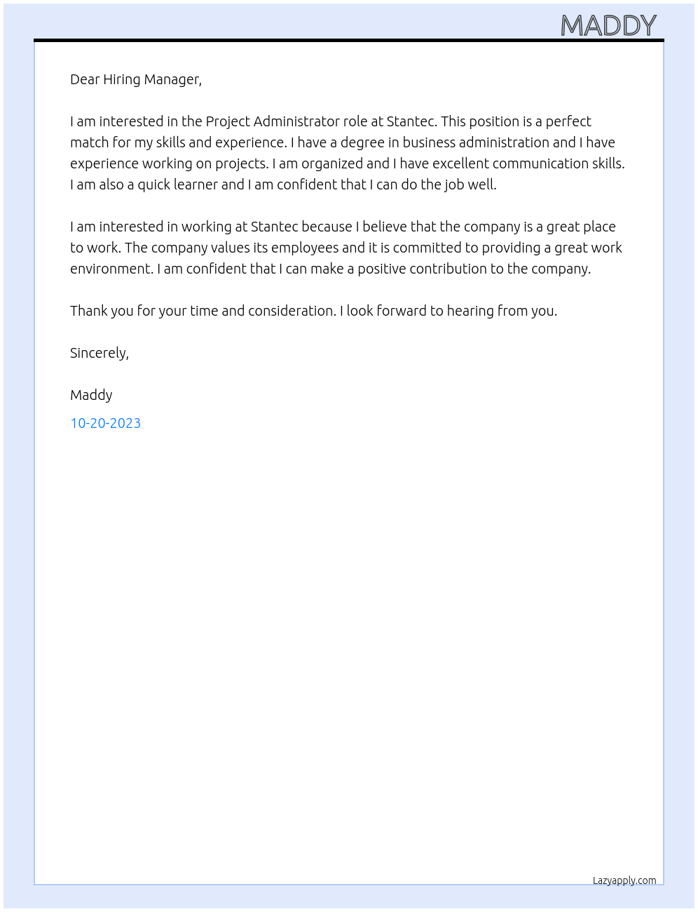 Project Administrator  At Stantec  Cover Letter