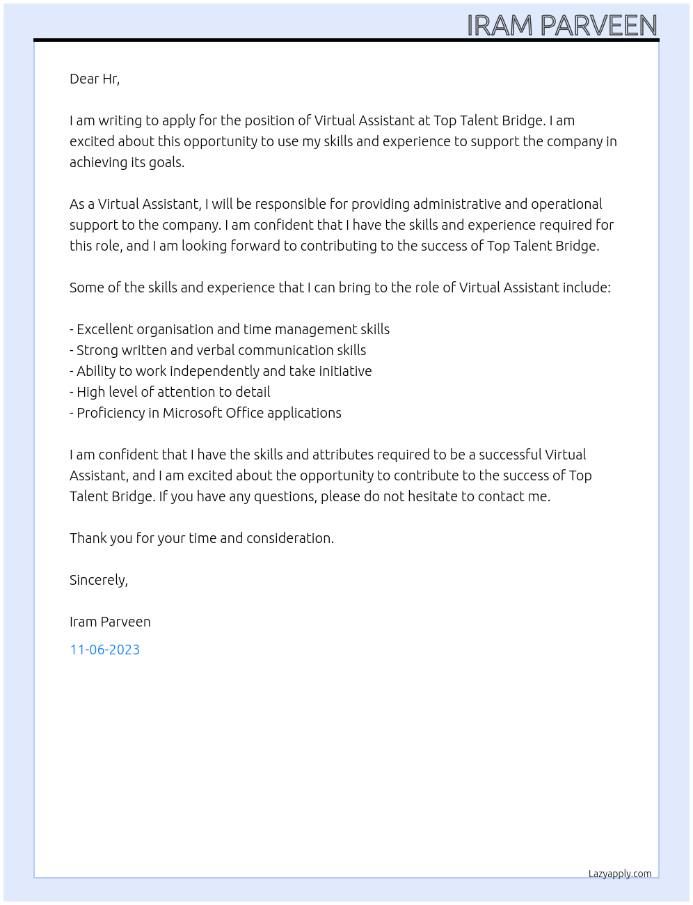virtual Assistance At Top Talent Bridge Cover Letter