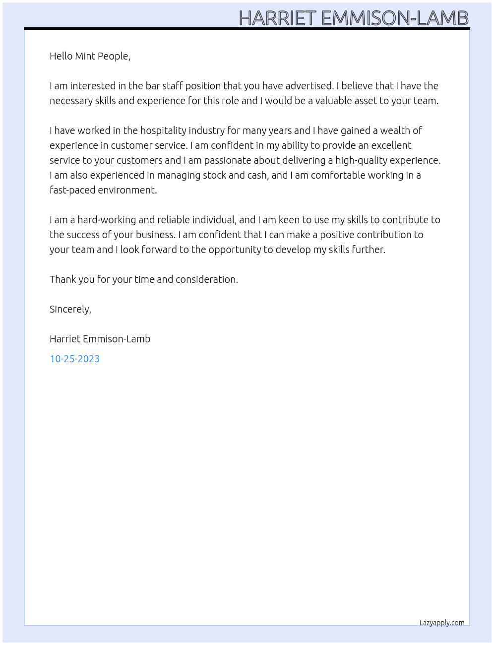 Bar Staff At Mint People Cover Letter