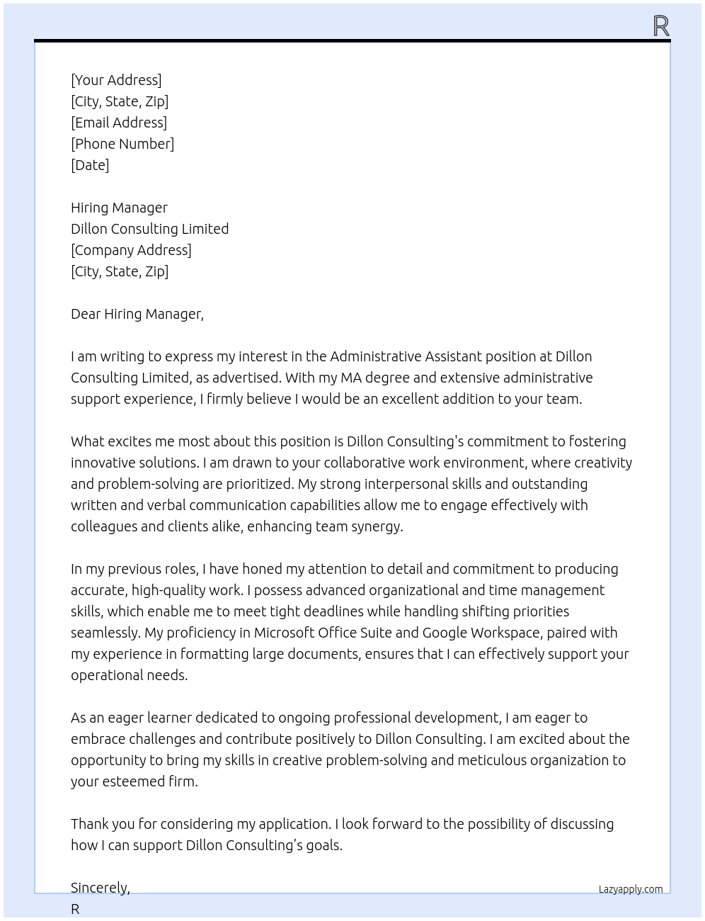 Administrative Assistant At Dillon Consulting Limited Cover Letter