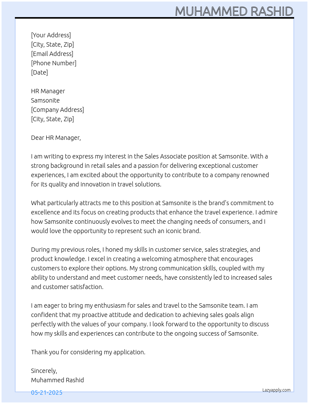 Sales Associate At Samsonite Cover Letter