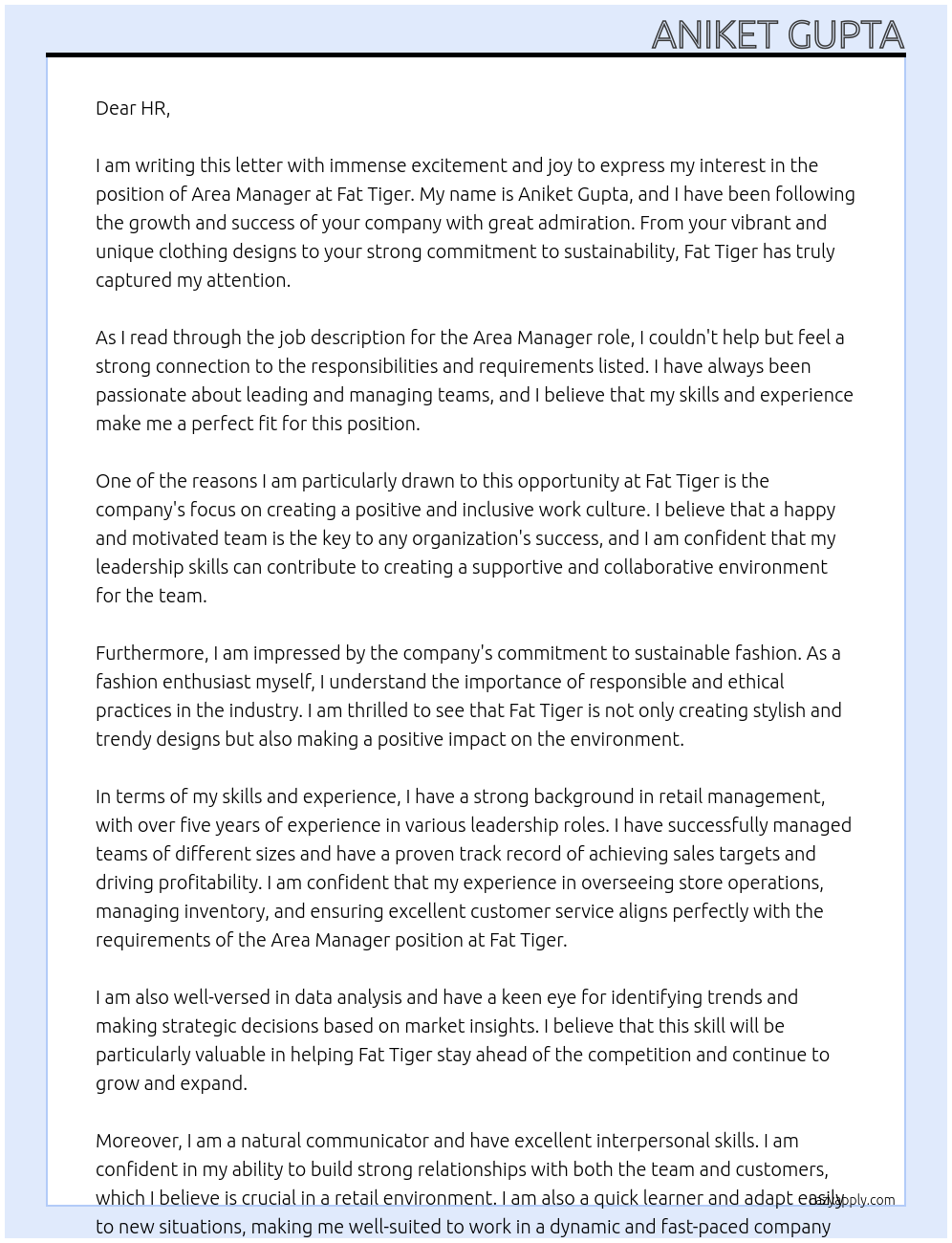 Area Manager At Fat tiger Cover Letter