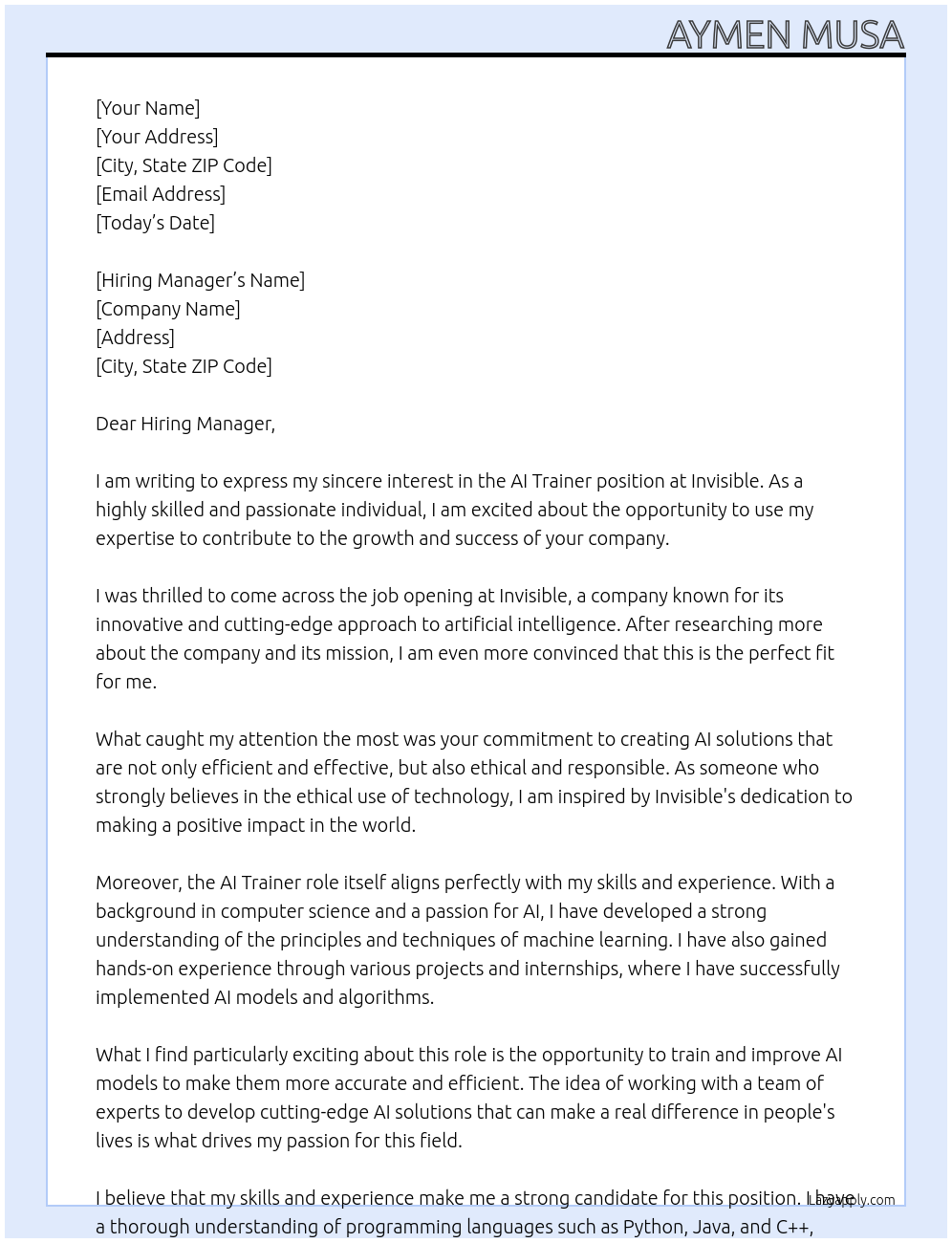 AI trainer At Invisible Cover Letter