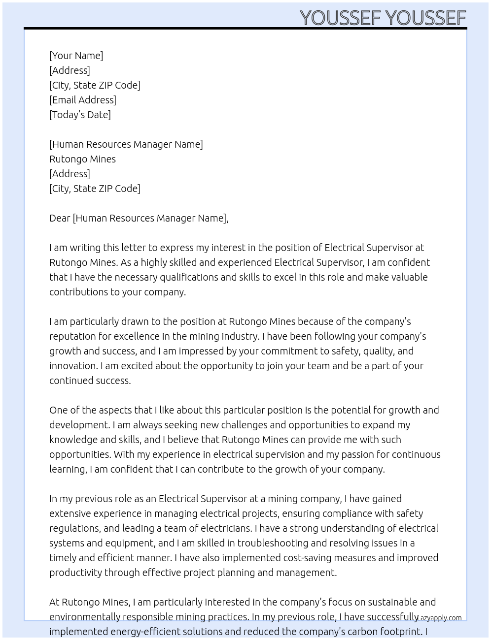 Electrical Supervisor At Rutongo Mines Cover Letter