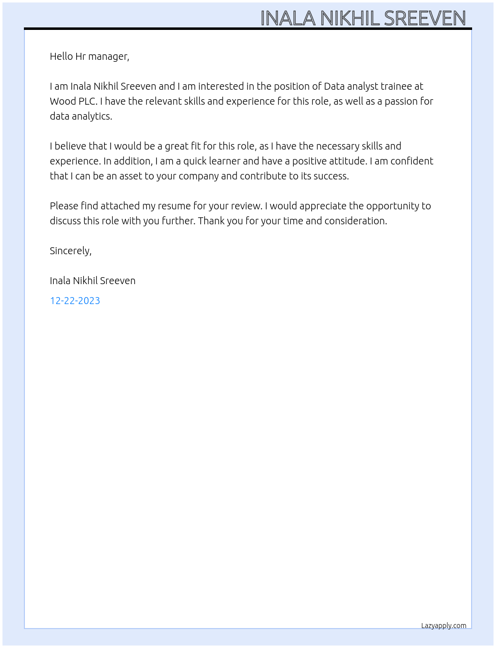 Data analyst trainee At Wood PLC Cover Letter