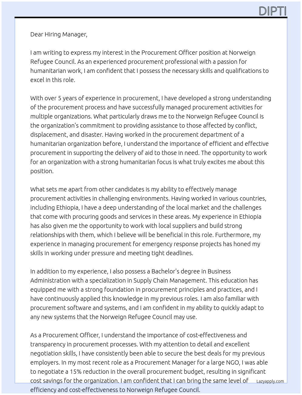 Procurement Officer At Norweign Refugee Council Cover Letter