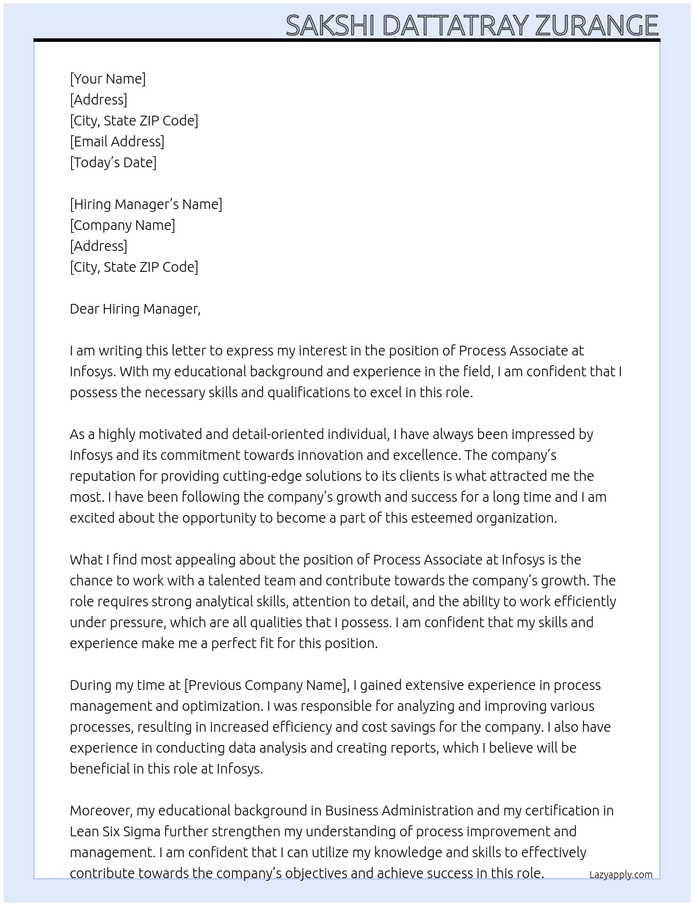 Process associate At Infosys Cover Letter