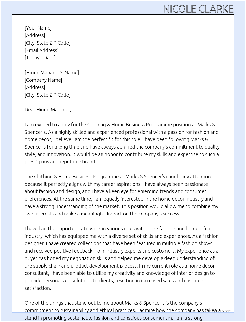 Clothing &home business programme At Marks & Spencer’s Cover Letter