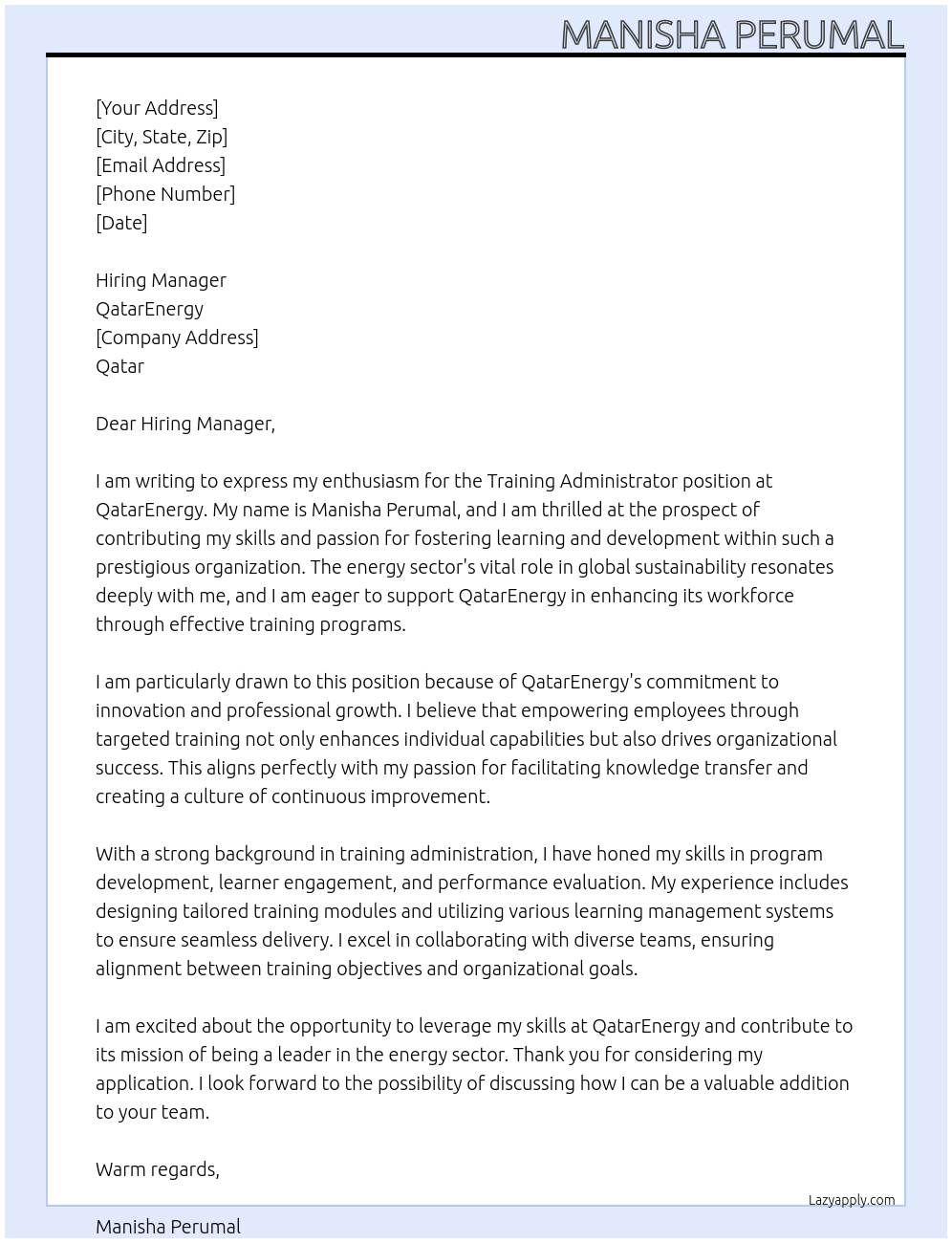 Cover letter for training administrator - LazyApply