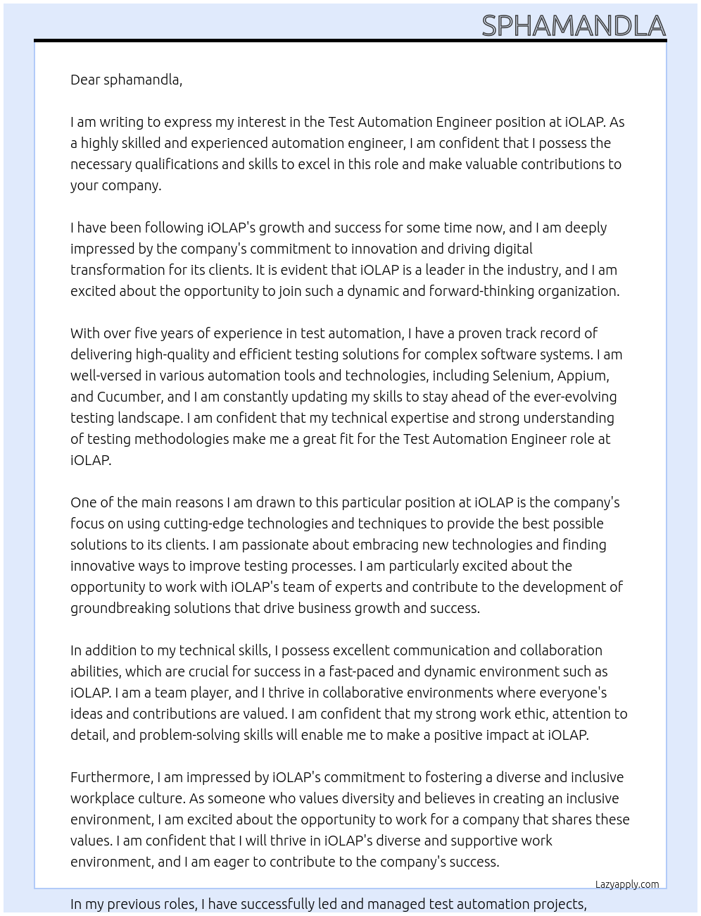 Test Automation Engineer At iOLAP Cover Letter