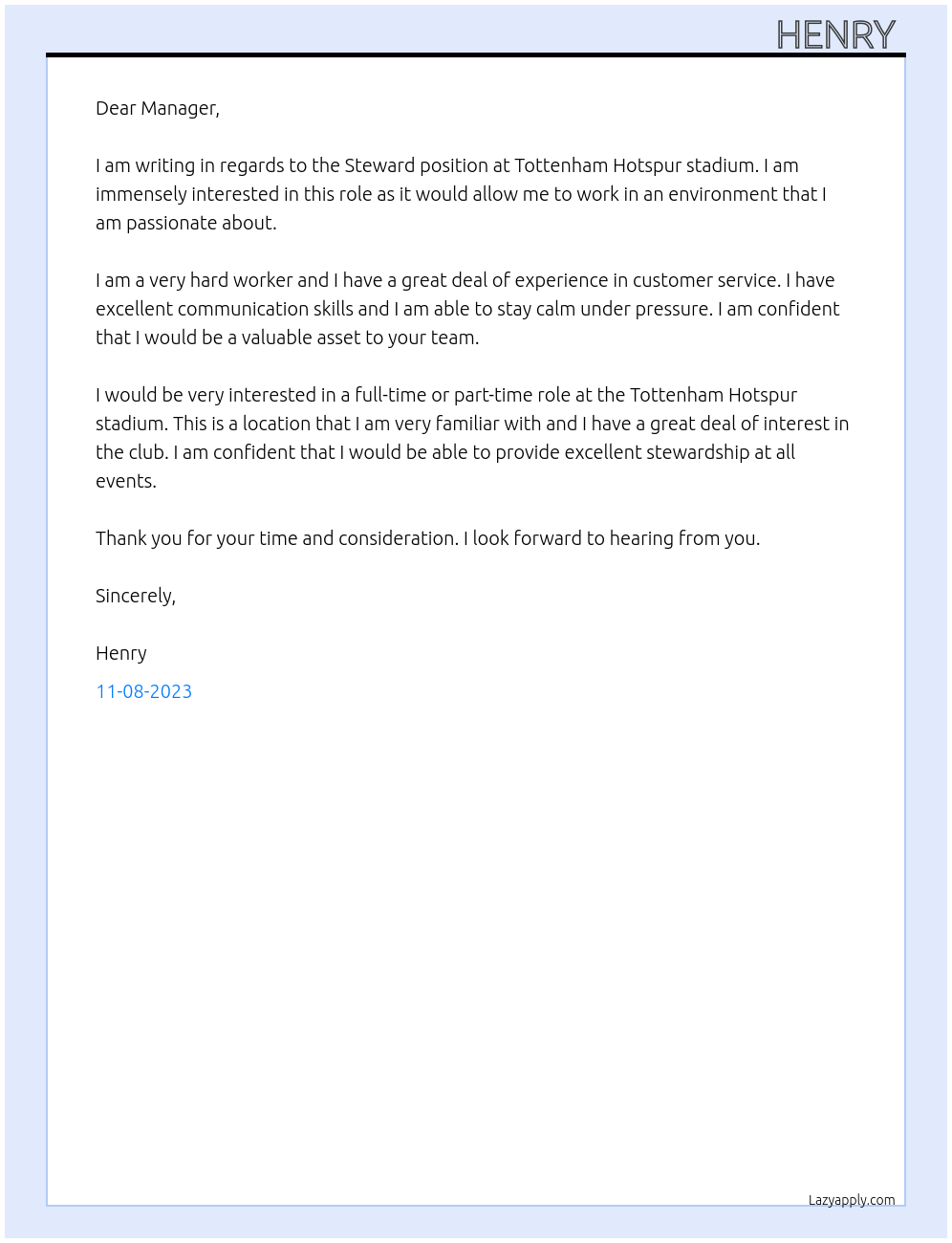 Steward  At Tottenham event steward Cover Letter