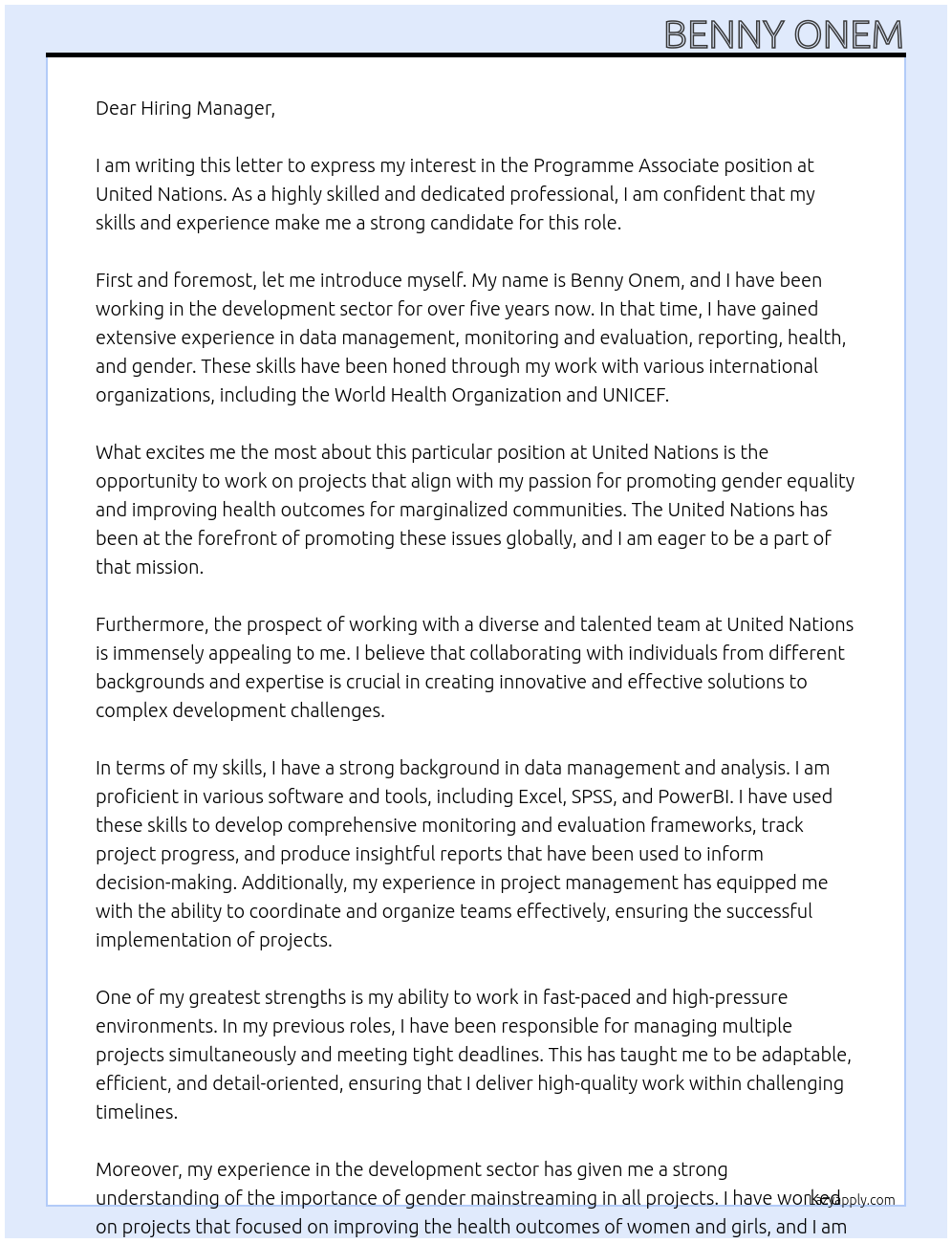 Programme Associate At United Nations Cover Letter