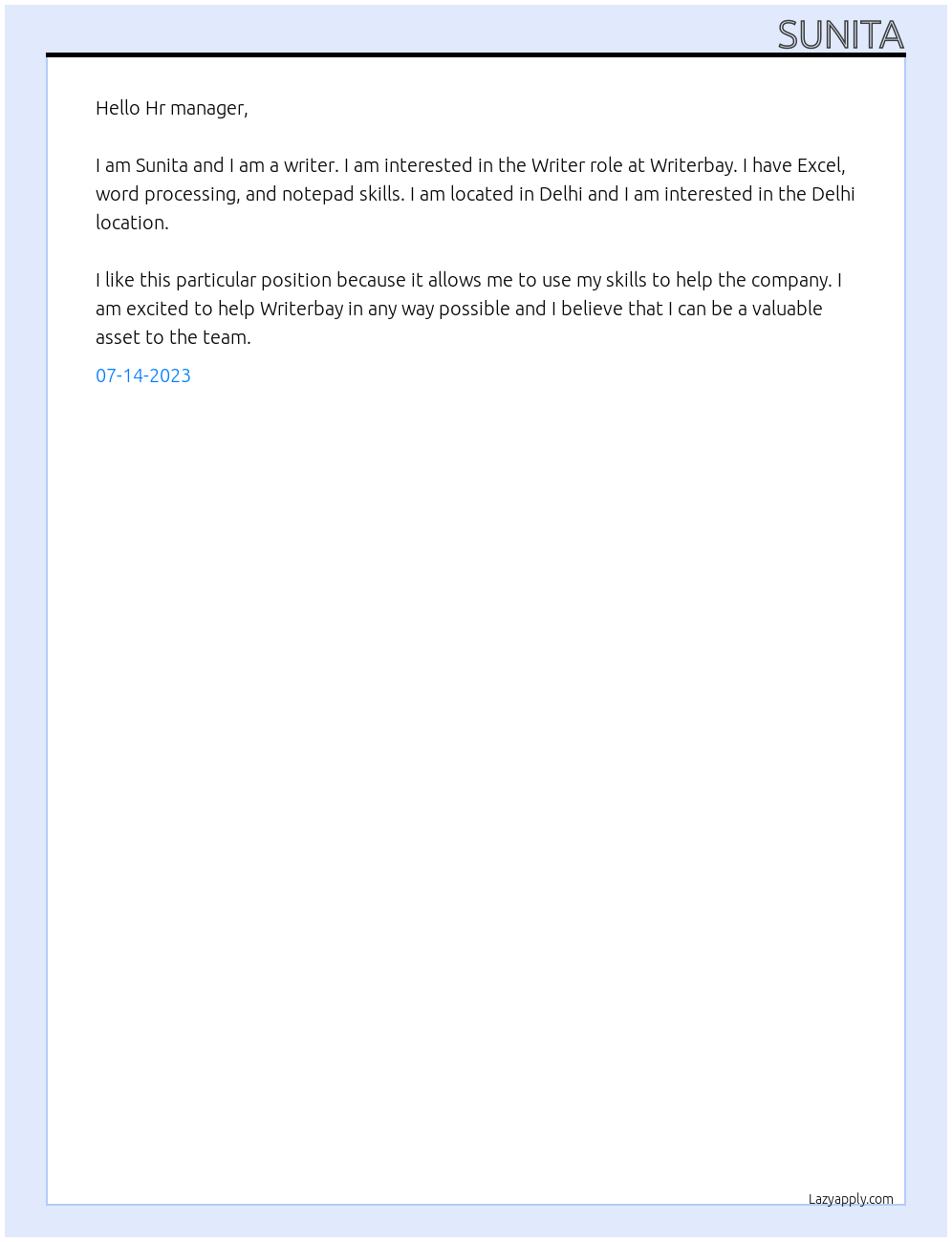Writer At Writerbay Cover Letter