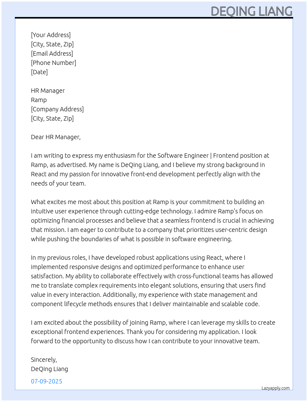 Cover letter for software engineer | frontend - LazyApply