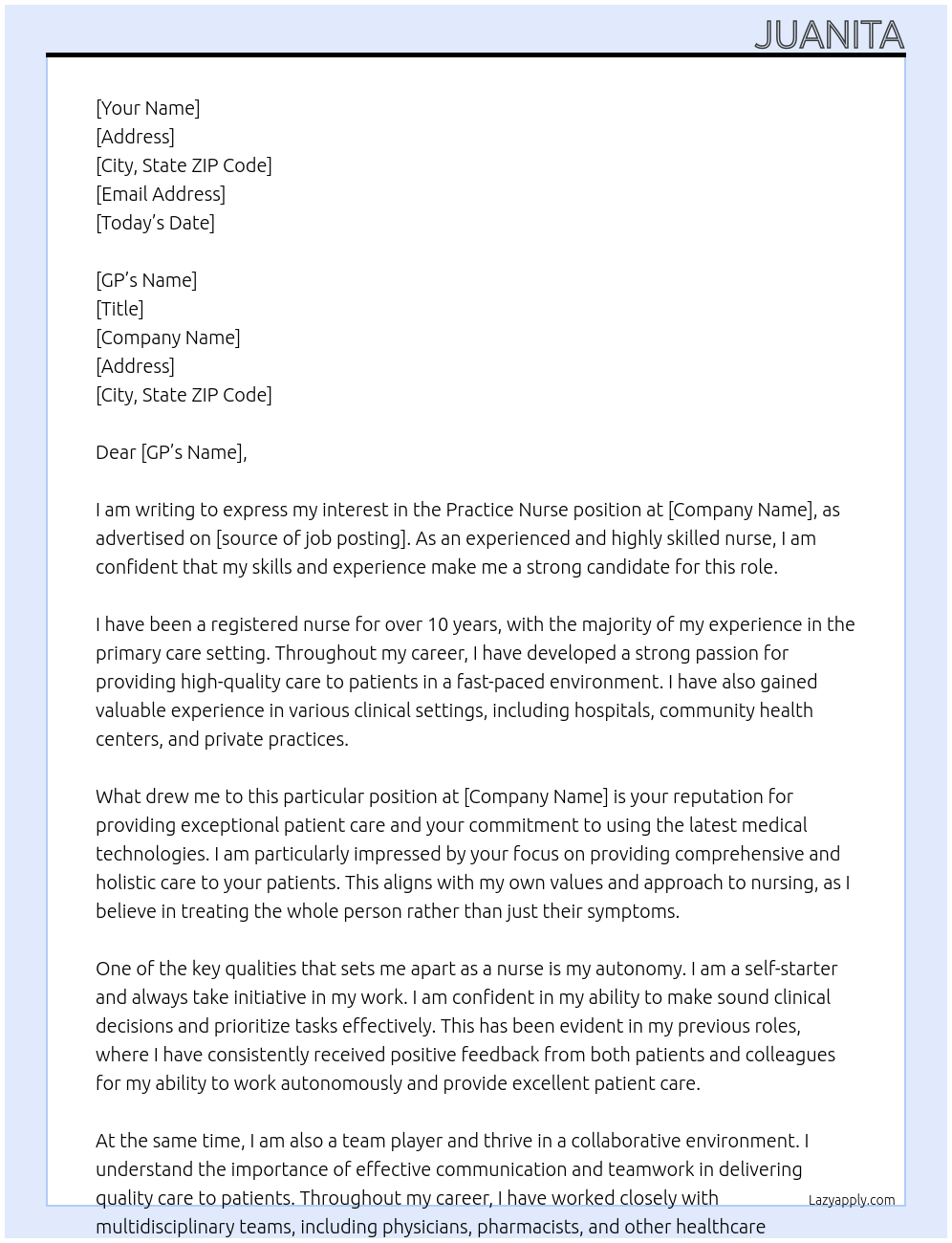 Practice Nurse At GP Cover Letter