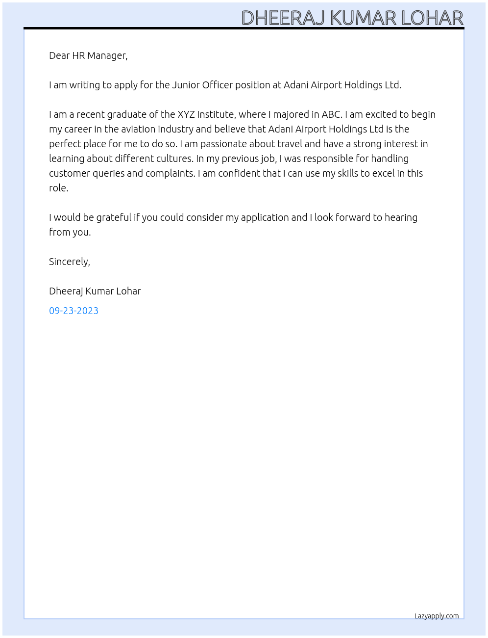 Junior Officer At Adani Airport Holdings Ltd Cover Letter